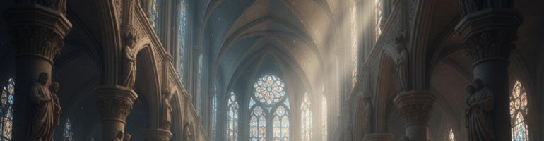 Monks praying in a large Gothic cathedral with light rays coming through stained glass windows.