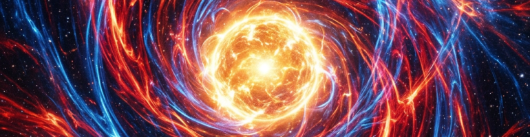 Swirling red and blue plasma streams around a bright glowing core in deep space