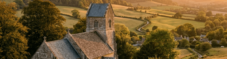 Old stone church surrounded by gravestones and fields in a rural landscape at sunset