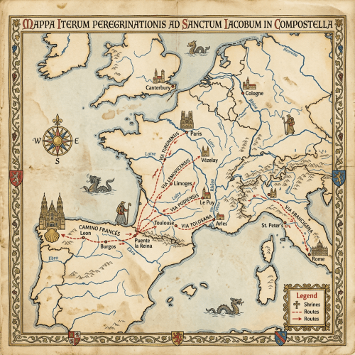 Map showing medieval pilgrimage routes and shrines to Santiago de Compostela across Europe